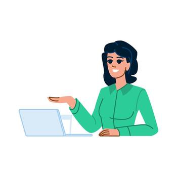 Smiling businesswoman showing something with hand and using laptop computer vector