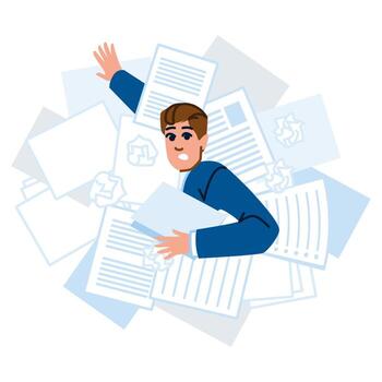 estresado empresario ahogo en papeleo es participación documentos y preguntando para ayuda vector