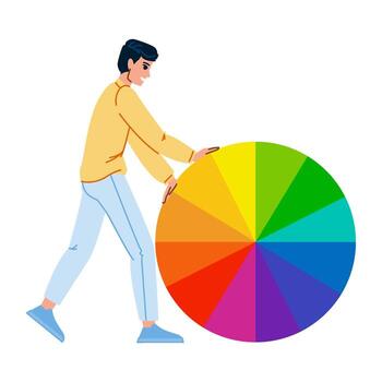 Designer pushing large color wheel representing graphic design and creativity vector