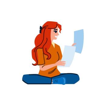 Smiling woman reading documents while sitting cross legged vector