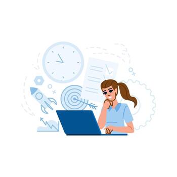 proyecto gerente trabajando en ordenador portátil y gerente puesta en marcha lanzamiento, planificación nuevo negocio estrategia, lograr metas y objetivos vector