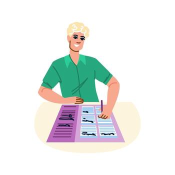 Smiling man completing survey form or exam paper vector