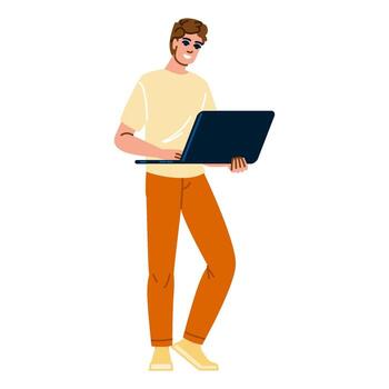 Smiling freelancer working remotely on laptop, enjoying freedom and flexibility vector