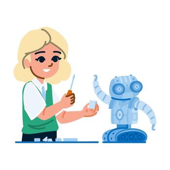 joven ingeniero edificio un robot utilizando un destornillador y de repuesto partes vector