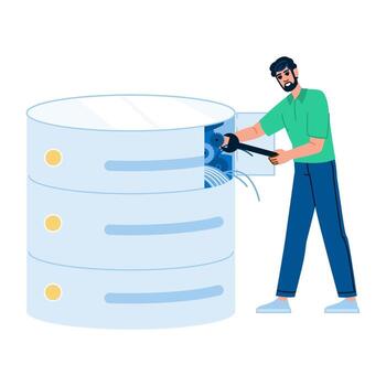 Technician repairing database with wrench and gears visible vector