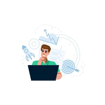 Project manager working on laptop and managing startup business development strategy vector