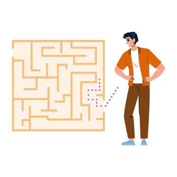 Young man solving maze puzzle, finding solution and planning strategy vector