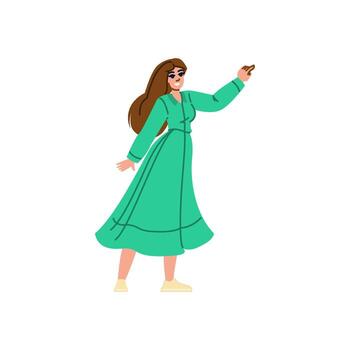 sonriente mujer señalando dedo demostración alguna cosa utilizando mano gesto vector