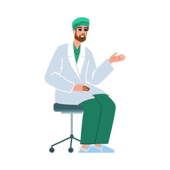 Smiling doctor sitting and gesturing with hand while explaining something vector