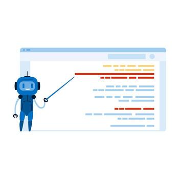 Robot teaching programming code on computer screen vector