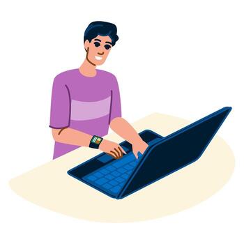 Smiling freelancer working on laptop with smartwatch, remote work and modern technology vector