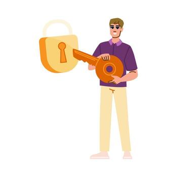 Man holding key next to padlock representing security and access vector