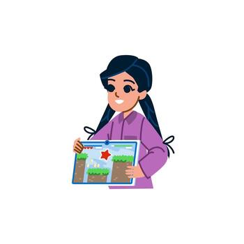 Smiling girl playing mobile game on tablet, holding device showing platform game interface vector