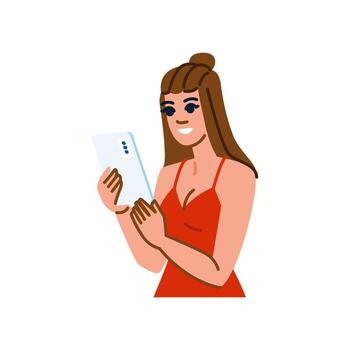 sonriente mujer utilizando teléfono inteligente, hojeada Internet y social medios de comunicación vector