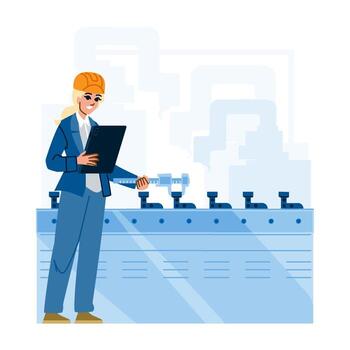 Female engineer measuring products on assembly line with caliper vector