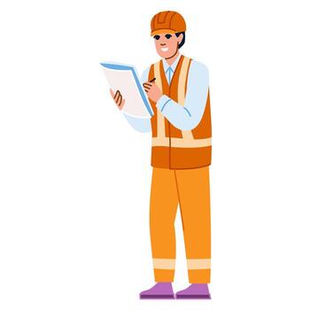 Smiling engineer writing notes on clipboard during site inspection vector