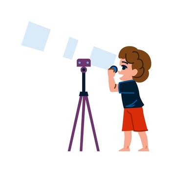 Curious child exploring the universe with telescope on tripod vector