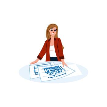 Female architect designing housing project blueprints on table vector