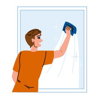 Janitor cleaning window with detergent and rag, smiling and enjoying work vector