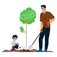 padre y hijo plantando y riego un árbol juntos vector