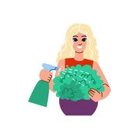 mujer jardinería y riego plantas con rociar botella vector