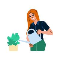 sonriente mujer riego plantas con riego lata vector