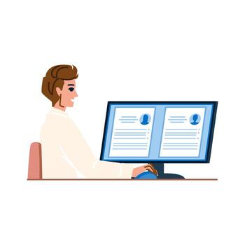 hora gerente leyendo plan de estudios vitae de solicitantes en computadora pantalla vector