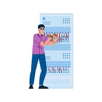 Technician connecting wires in server rack, performing maintenance and configuration in data center vector