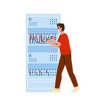 Technician connecting wires in server rack, performing maintenance and configuration of network equipment vector