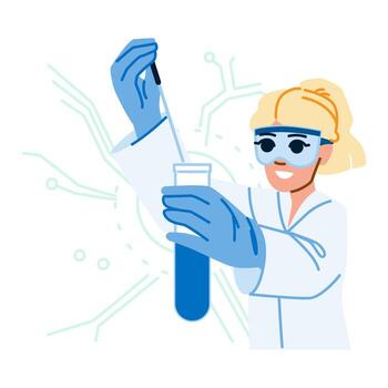 Scientist adding reagent to test tube during experiment vector