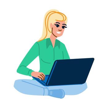 Smiling freelancer woman working remotely using laptop computer vector
