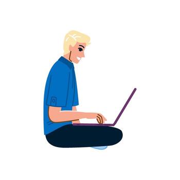 Young man working remotely using laptop computer vector