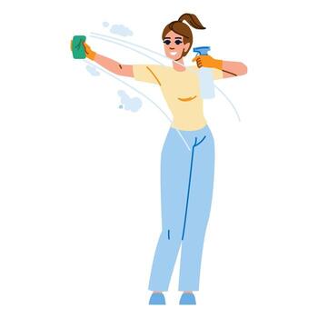 sonriente limpieza dama utilizando detergente y paño mientras limpieza un ventana vector