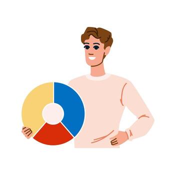 Smiling businessman holding pie chart representing market share, business analysis and data visualization vector
