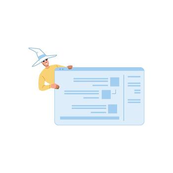 software ingeniero demostración sitio web Bosquejo vistiendo mago sombrero y Gafas de sol vector