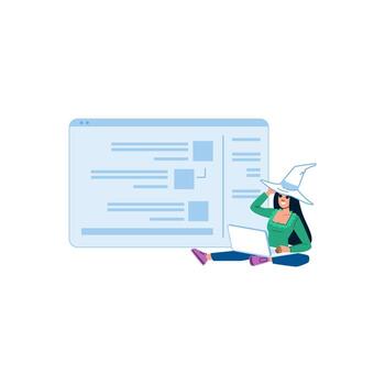 Víspera de Todos los Santos bruja trabajando remotamente utilizando ordenador portátil y grande sitio web diseño vector