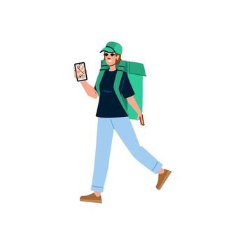 Courier walking and checking navigation app on smartphone vector