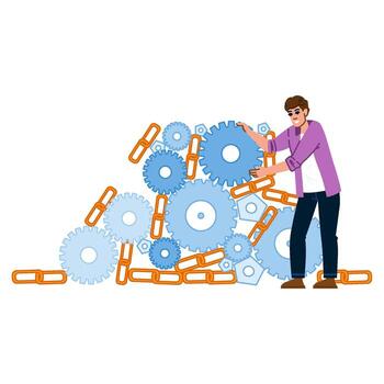 Technician connecting gears and chains, building a mechanism vector