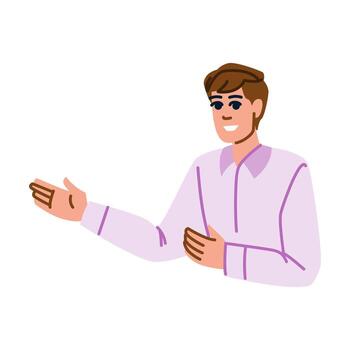 Smiling businessman gesturing and showing something with hand vector