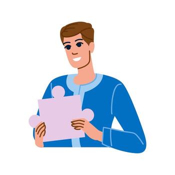 Smiling man holding jigsaw puzzle piece, finding solution, completing task vector