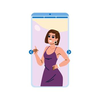 Woman presenting product in online store using mobile application vector