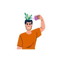 hombre riego flores creciente desde su abierto cabeza vector