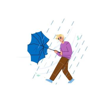 Man walking with broken umbrella in strong wind and rain vector