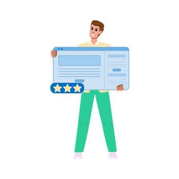 Smiling man holding website page with three star rating vector
