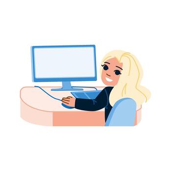 Smiling businesswoman working with computer and graphic tablet at office desk vector