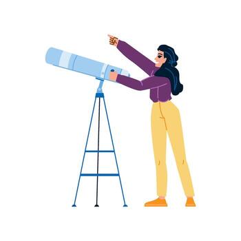 Astronomer looking through telescope and pointing at starry sky vector
