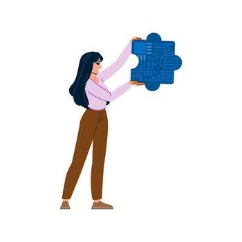 mujer participación grande rompecabezas pedazo con electrónico circuito, resolviendo problemas y hallazgo soluciones vector