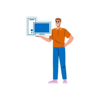 Smiling technician holding desktop computer and monitor vector