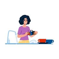 mujer Lavado platos en cocina lavabo con corriendo agua vector