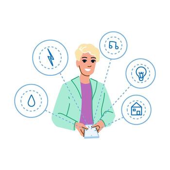 Man managing smart home appliances using mobile application vector